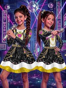 SHEIN 女童韓系K-Pop圓領長袖洋裝，適合假期表演與嘉年華 - 粉色 - 查看 4