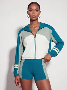 Zivah Women's Colorblock Zip-Up Cropped Hoodie Jacket And Shorts Sports Set - Multicolor - View 2