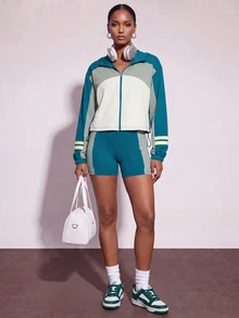 Zivah Women's Colorblock Zip-Up Cropped Hoodie Jacket And Shorts Sports Set - Multicolor - View 5