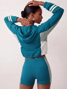 Zivah Women's Colorblock Zip-Up Cropped Hoodie Jacket And Shorts Sports Set - Multicolor - View 8