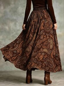Glimmora Plus Size Women's Autumn/Winter Fashion Vintage Full Print Plus Size Flared Elastic Waist Skirt - Brown - View 2