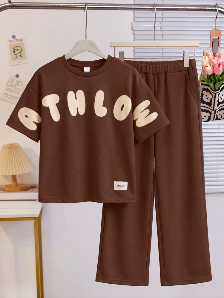 SHEIN Young Girls Casual Loose Drop Shoulder Sweatshirt And Sweatpants 2-Piece Set Back To School Outfit Perfect For Casual Daily Wear And Autumn/Winter Sch - Brown - View 4