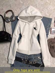 SHEIN Autumn/Winter Girls' Hooded Zip-Up Jacket - Printed Pattern Mixed Street Style, Sweatshirt Knit Fabric Suitable For Autumn/Winter, Slightly Oversized Fit Accommodates Growth, Campus And Street Wear Instantly Transforms Into Energetic Girl! - White - View 5