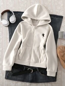 SHEIN Autumn/Winter Girls' Hooded Zip-Up Jacket - Printed Pattern Mixed Street Style, Sweatshirt Knit Fabric Suitable For Autumn/Winter, Slightly Oversized Fit Accommodates Growth, Campus And Street Wear Instantly Transforms Into Energetic Girl! - White - View 1