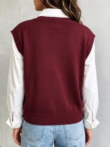 EMERY ROSE Plus Size Women's V-Neck Knit Vest Tank Top, Autumn New Loose Short Sleeveless Sweater Layering Outerwear, Burgundy Solid Color Basic Knit Top Fall - Burgundy - View 2