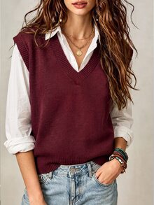 EMERY ROSE Plus Size Women's V-Neck Knit Vest Tank Top, Autumn New Loose Short Sleeveless Sweater Layering Outerwear, Burgundy Solid Color Basic Knit Top Fall - Burgundy - View 3
