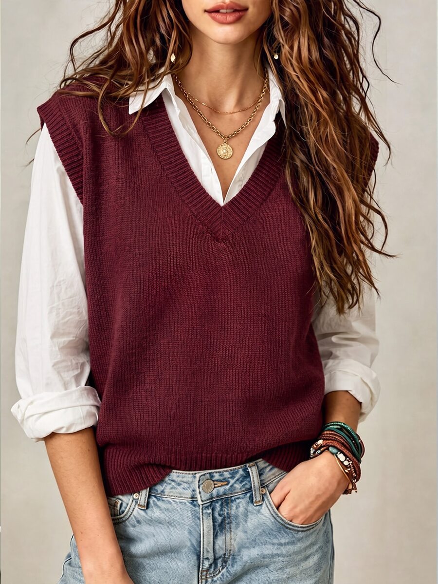 EMERY ROSE Plus Size Women's V-Neck Knit Vest Tank Top, Autumn New Loose Short Sleeveless Sweater Layering Outerwear, Burgundy Solid Color Basic Knit Top Fall - Burgundy - View 1
