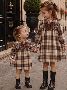 Tween Girl Tween Girl Kids Stand Collar Long Sleeve Flared Colorblock Bow Back To School Dress Thanksgiving Party Beige Fall Family Matching Vintage - Coffee Brown - View 3