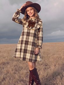 Tween Girl Tween Girl Kids Stand Collar Long Sleeve Flared Colorblock Bow Back To School Dress Thanksgiving Party Beige Fall Family Matching Vintage - Coffee Brown - View 5