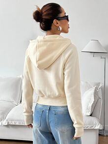 SHEIN EZwear Women's Solid Color Hooded Zip-Up Casual Versatile Daily Wear Sweatshirt - Apricot - View 2