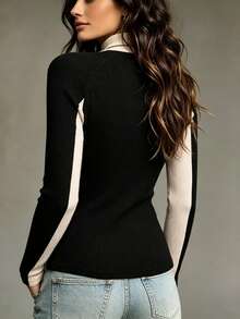 SHEIN Fuzzy Ribbed Elastic Knit Fabric, Waist-Cinching Slim-Fit Raglan Long Sleeve Design, Black And White Side Color Block Pattern, Autumn/Winter Inner Layer Base Top, Suitable For Daily Commute, Office Work, Casual Outings And More - Apricot - View 2