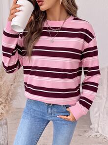SHEIN LUNE 女款外出上衣 粉色條紋襯衫 冬季新款 優雅簡約休閒百搭 條紋拼接色塊運動衫 - 彩色 - 查看 3