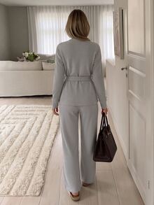 Easowa Women's Solid Color Lapel Neck Long Sleeve Waist Knot Top And Pants Casual 2 Pieces Set - Grey - View 7