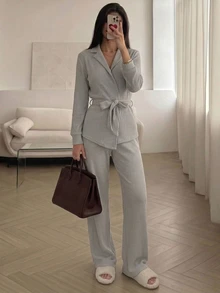 Easowa Women's Solid Color Lapel Neck Long Sleeve Waist Knot Top And Pants Casual 2 Pieces Set - Grey - View 1