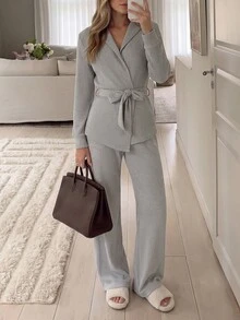 Easowa Women's Solid Color Lapel Neck Long Sleeve Waist Knot Top And Pants Casual 2 Pieces Set - Grey - View 6
