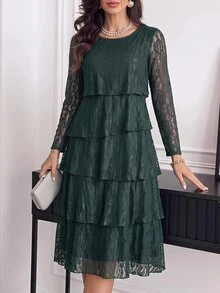 Medorina Elegant Fairy Chic, Ruffle Crochet Lace, Cake Dress Lined, Lace Forest Green, Long Sleeve Midi, Wedding Party Evening, Holiday Festival, Fall Winter - Dark Green - View 6
