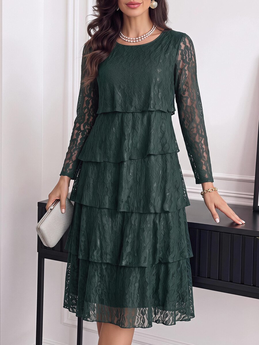 Medorina Elegant Fairy Chic, Ruffle Crochet Lace, Cake Dress Lined, Lace Forest Green, Long Sleeve Midi, Wedding Party Evening, Holiday Festival, Fall Winter - Dark Green - View 1