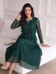 Medorina Elegant Fairy Chic, Ruffle Crochet Lace, Cake Dress Lined, Lace Forest Green, Long Sleeve Midi, Wedding Party Evening, Holiday Festival, Fall Winter - Dark Green - View 1