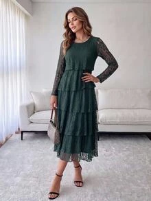 Medorina Elegant Fairy Chic, Ruffle Crochet Lace, Cake Dress Lined, Lace Forest Green, Long Sleeve Midi, Wedding Party Evening, Holiday Festival, Fall Winter - Dark Green - View 5