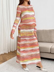 SHEIN Maternity Round Neck Tie-Dye Casual Loose Fashion Long Sleeve Dress Fall - Multicolor - View 9