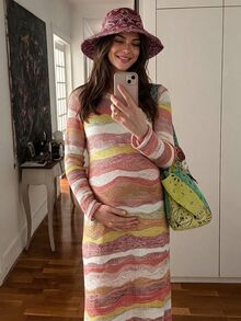 SHEIN Maternity Round Neck Tie-Dye Casual Loose Fashion Long Sleeve Dress Fall - Multicolor - View 1