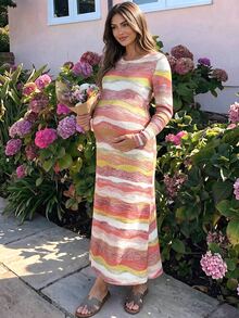 SHEIN Maternity Round Neck Tie-Dye Casual Loose Fashion Long Sleeve Dress Fall - Multicolor - View 2