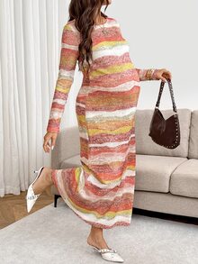 SHEIN Maternity Round Neck Tie-Dye Casual Loose Fashion Long Sleeve Dress Fall - Multicolor - View 5