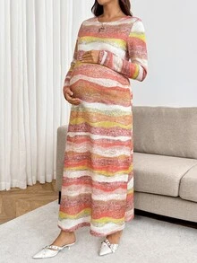 SHEIN Maternity Round Neck Tie-Dye Casual Loose Fashion Long Sleeve Dress Fall - Multicolor - View 3