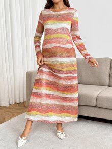 SHEIN Maternity Round Neck Tie-Dye Casual Loose Fashion Long Sleeve Dress Fall - Multicolor - View 4