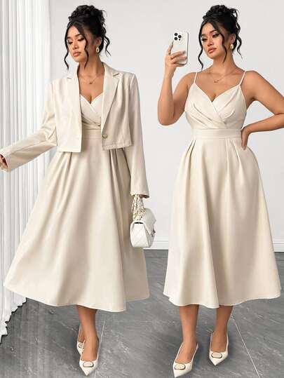 SHEIN Elenzya Plus Size Women Elegant Solid Color Short Long Sleeve Blazer + Solid Color V-Neck Waist-Cinching A-Line Cami Dress 2 Pieces Set, Minimalist Design With Metal Buttons, Suitable For Daily Commute, Outings, Dates And Gatherings