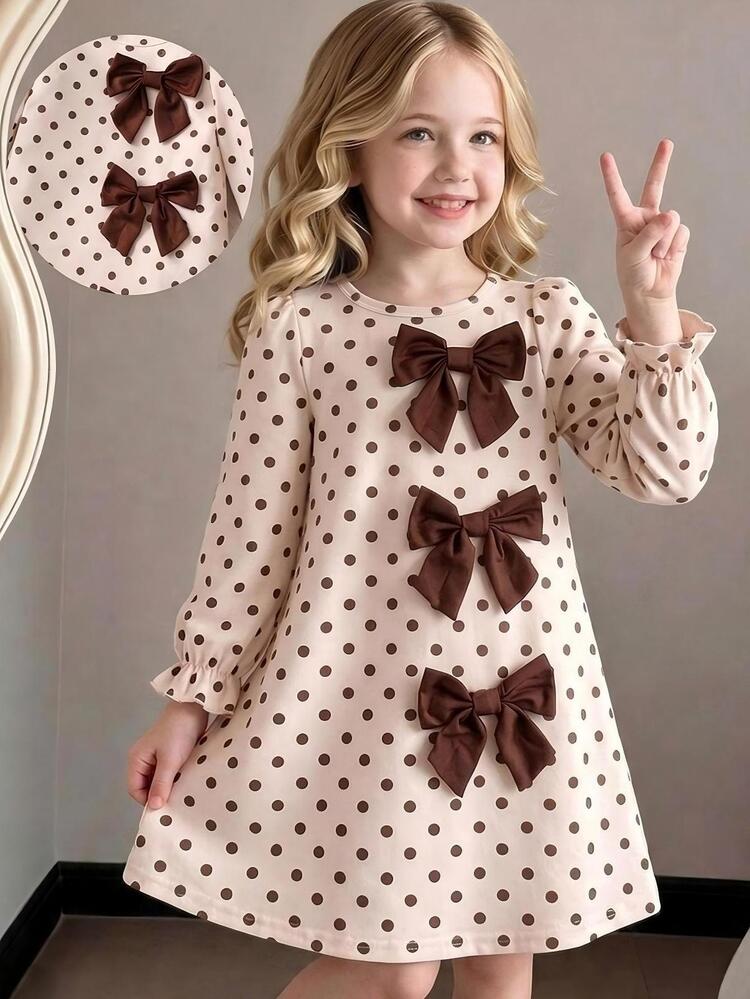 SHEIN Genkimix Kids Young Girl Sweet Cute Dress With 3D Bow Decor, Square Neck, Long Sleeve Lantern Dress, Cinched Waist,Autumn Daily Vacation Birthday Brown Fairy - Yellow - View 5