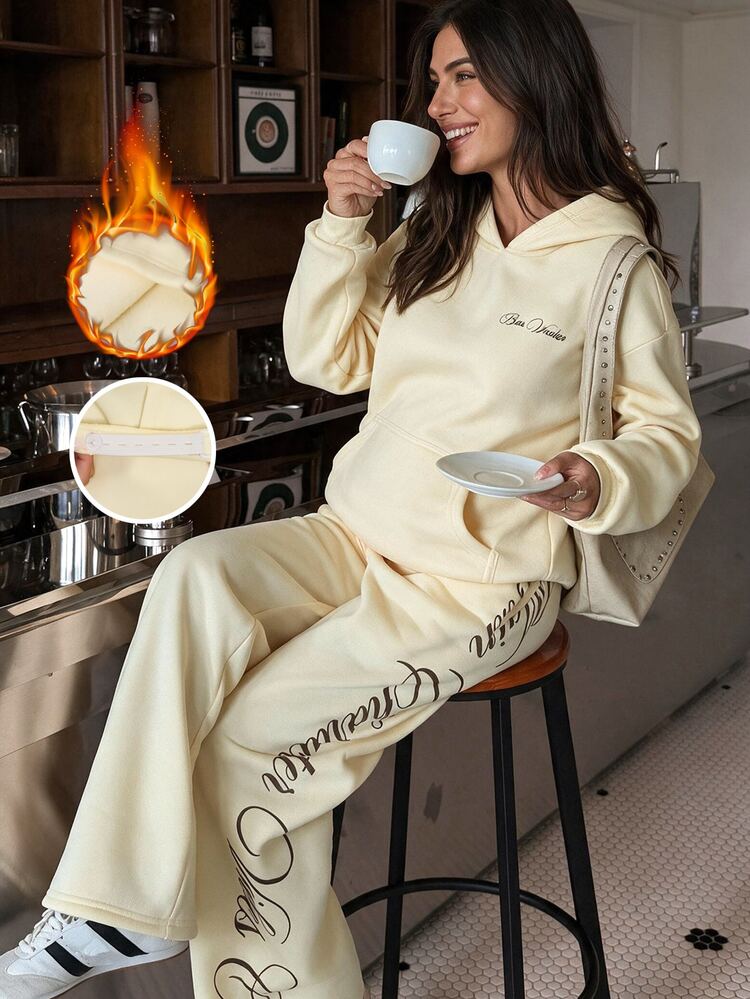 SHEIN Maternity Letter Print Long Sleeve Hooded Sweatshirt And Pants Casual Daily 2 Pieces Set Fall - Yellow - View 2