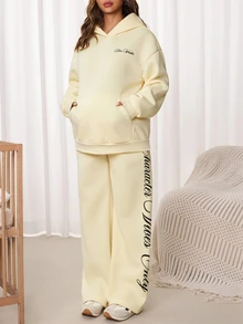 SHEIN 孕婦字母印花長袖連帽衛衣與長褲休閒日常2件套 秋季 - 黃色 - 查看 3
