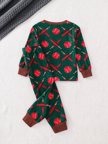 SHEIN 小男孩修身卡通棒球圖案休閒極簡緊身舒適加厚長袖圓領褲子兩件套，適合秋冬、萬聖節、聖誕節、新年、禮物、室內、派對 - 彩色 - 查看 2