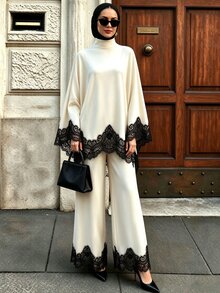 SHEIN Unity 女款對比蕾絲喇叭袖上衣與寬腿褲休閒端莊優雅兩件套，適合晚餐派對夜晚，黑白配色，秋季 - 杏色 - 查看 3