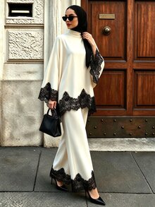 SHEIN Unity 女款對比蕾絲喇叭袖上衣與寬腿褲休閒端莊優雅兩件套，適合晚餐派對夜晚，黑白配色，秋季 - 杏色 - 查看 4