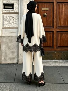 SHEIN Unity 女款對比蕾絲喇叭袖上衣與寬腿褲休閒端莊優雅兩件套，適合晚餐派對夜晚，黑白配色，秋季 - 杏色 - 查看 2