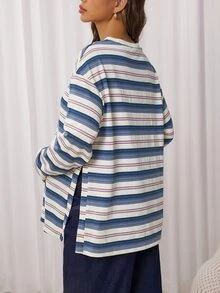 SHEIN Maternity Striped Letter Print Drop Shoulder Long Sleeve Casual Loose Fit T-Shirt Fall - Multicolor - View 6