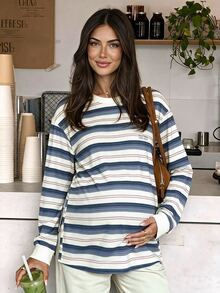SHEIN Maternity Striped Letter Print Drop Shoulder Long Sleeve Casual Loose Fit T-Shirt Fall - Multicolor - View 2