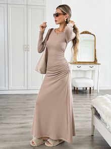 Easowa Women's Fall Solid Color Round Neck Long Sleeve Pleated Elegant Minimalist Long Dress Brunch Beige - Khaki - View 4