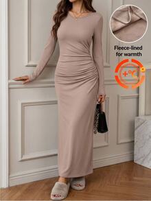 Easowa Women's Fall Solid Color Round Neck Long Sleeve Pleated Elegant Minimalist Long Dress Brunch Beige - Khaki - View 2