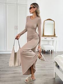 Easowa Women's Fall Solid Color Round Neck Long Sleeve Pleated Elegant Minimalist Long Dress Brunch Beige - Khaki - View 3