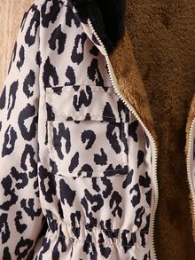 SHEIN 青少年女孩長袖抓絨外套 秋季衣物 豹紋連帽多口袋保暖內裡防風夾克，適合聖誕、秋季 - 彩色 - 查看 9