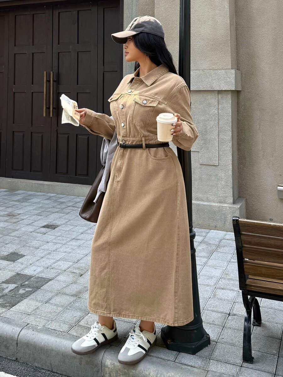 Rivivi Plus Size Women's Khaki Long Sleeve Slim Fit Flattering Denim Dress - Khaki - View 1
