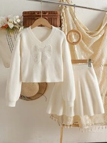 Tween Girl Bow Decor Long Sleeve Top And Skirt Knit Set - White - View 3