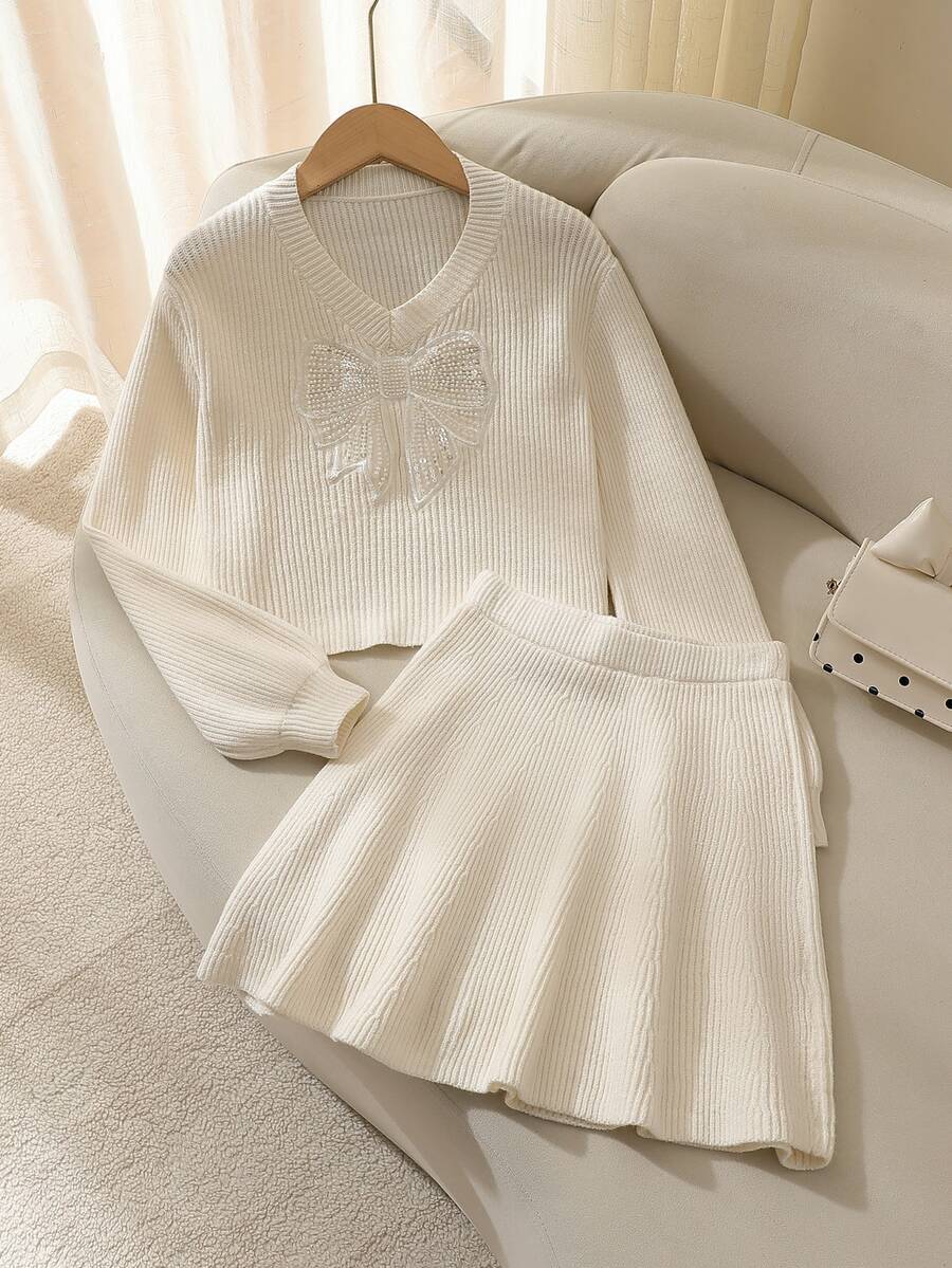 Tween Girl Bow Decor Long Sleeve Top And Skirt Knit Set - White - View 1