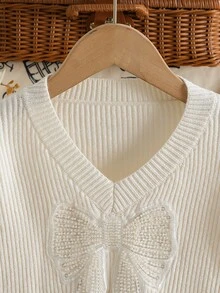 Tween Girl Bow Decor Long Sleeve Top And Skirt Knit Set - White - View 4