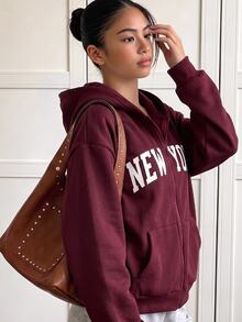 Teen Girls Fall Burgundy NEW YORK Letter Print Zip-Up Sweatshirt Loose Long Sleeve Open Front Hooded Jacket Baggy Party Holiday - Burgundy - View 4