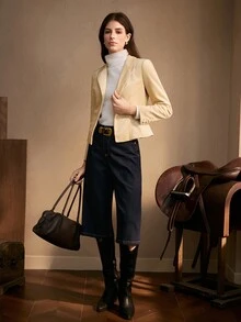 Zovinel Women's Solid Color Velvet Fabric Casual Versatile Commute Travel Blazer,Autumn/Winter - Champagne - View 3