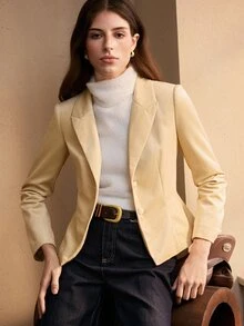 Zovinel Women's Solid Color Velvet Fabric Casual Versatile Commute Travel Blazer,Autumn/Winter - Champagne - View 6